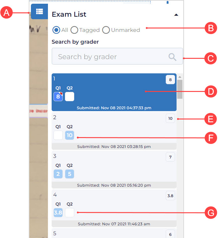 The Exam List pane is expanded on the Marking page. It contains All, Tagged, Unmarked radio buttons. Underneath there is a Search by grader text field. Under that the list of all users and all questions, with marks for some questions. The current selected student attempt is highlighted.